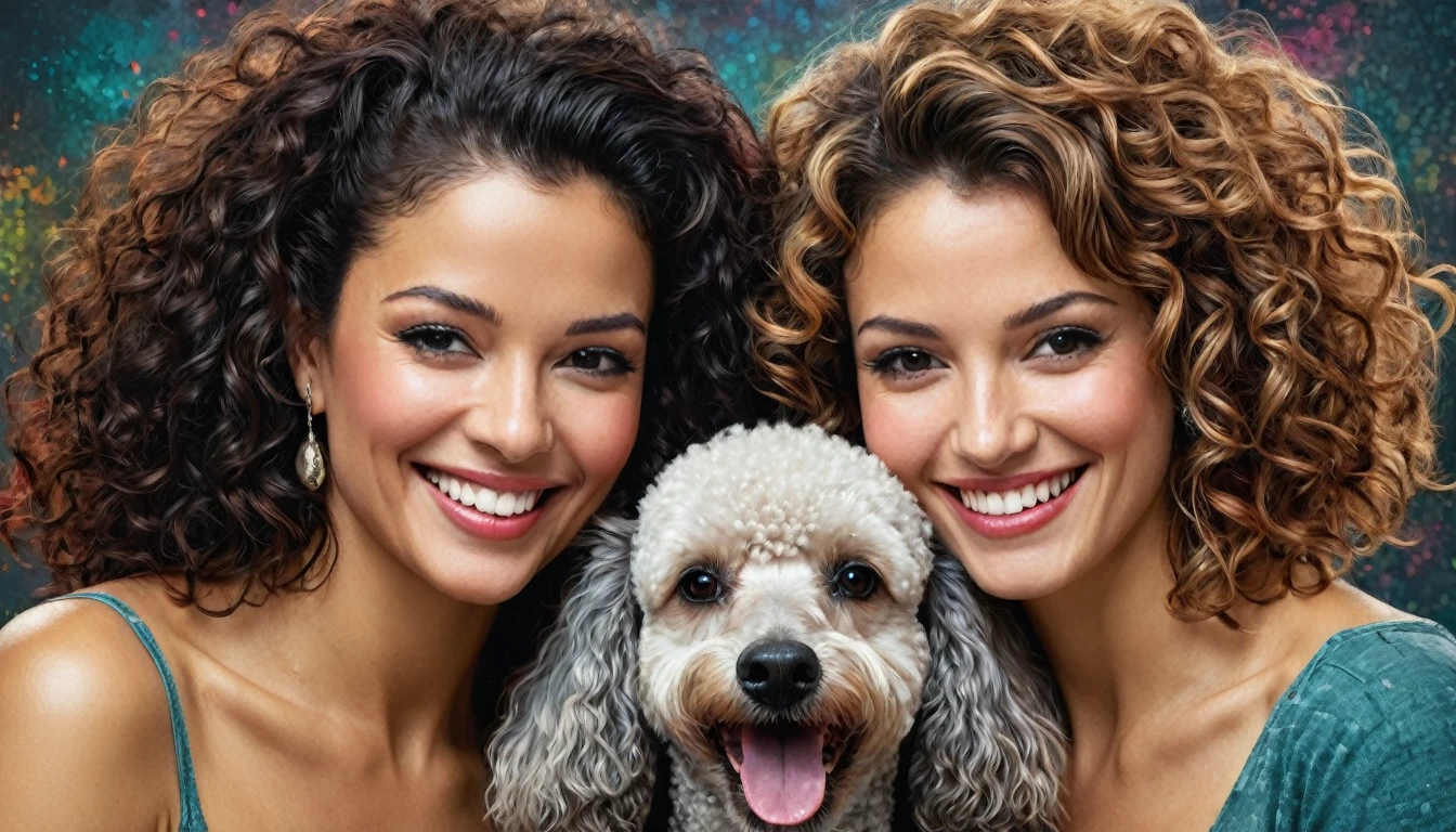 half body,
a woman smile with her best friend her POODLE dog,
dark complex background, style by Thomas Kinkade+David A. Hardy+Carne Griffiths+Mandy Disher half vivid colors fine art, best quality, high detailed, detailed faces, 2d,