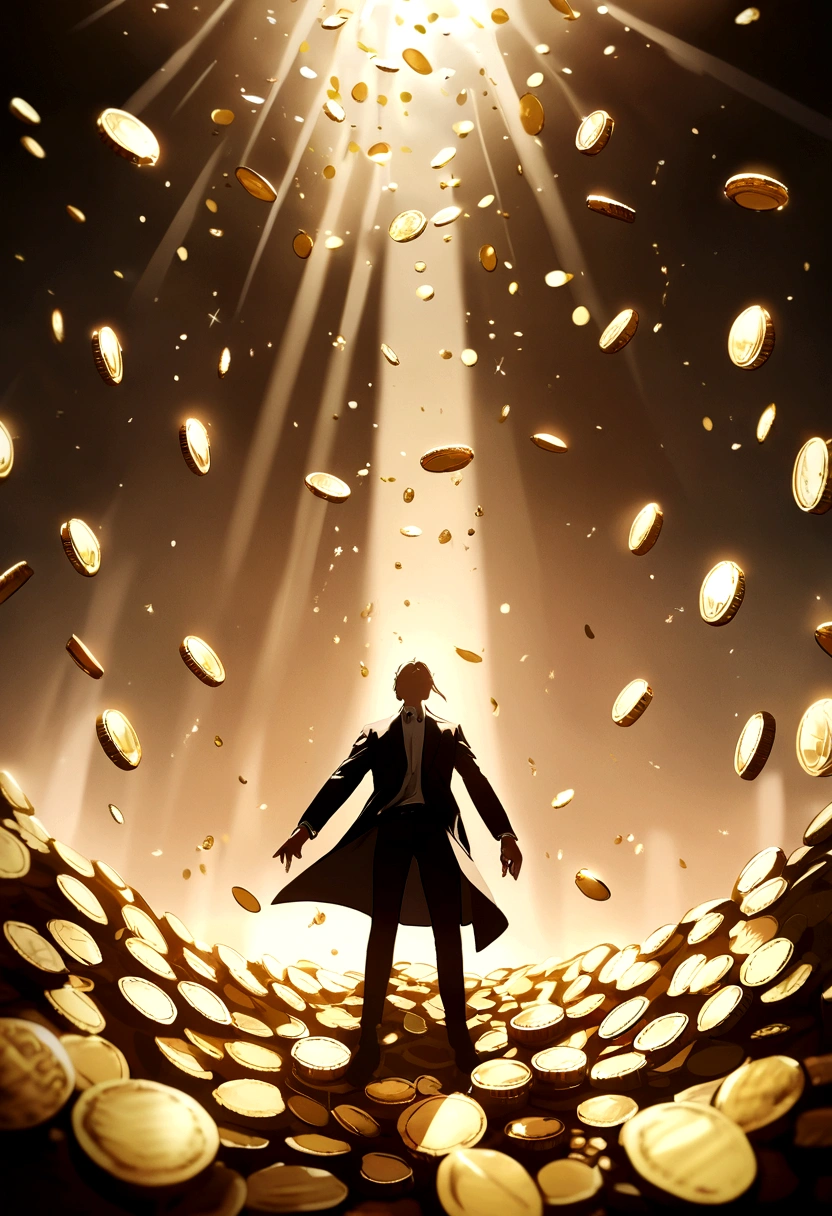 Many gold coins,dollars falling from the sky