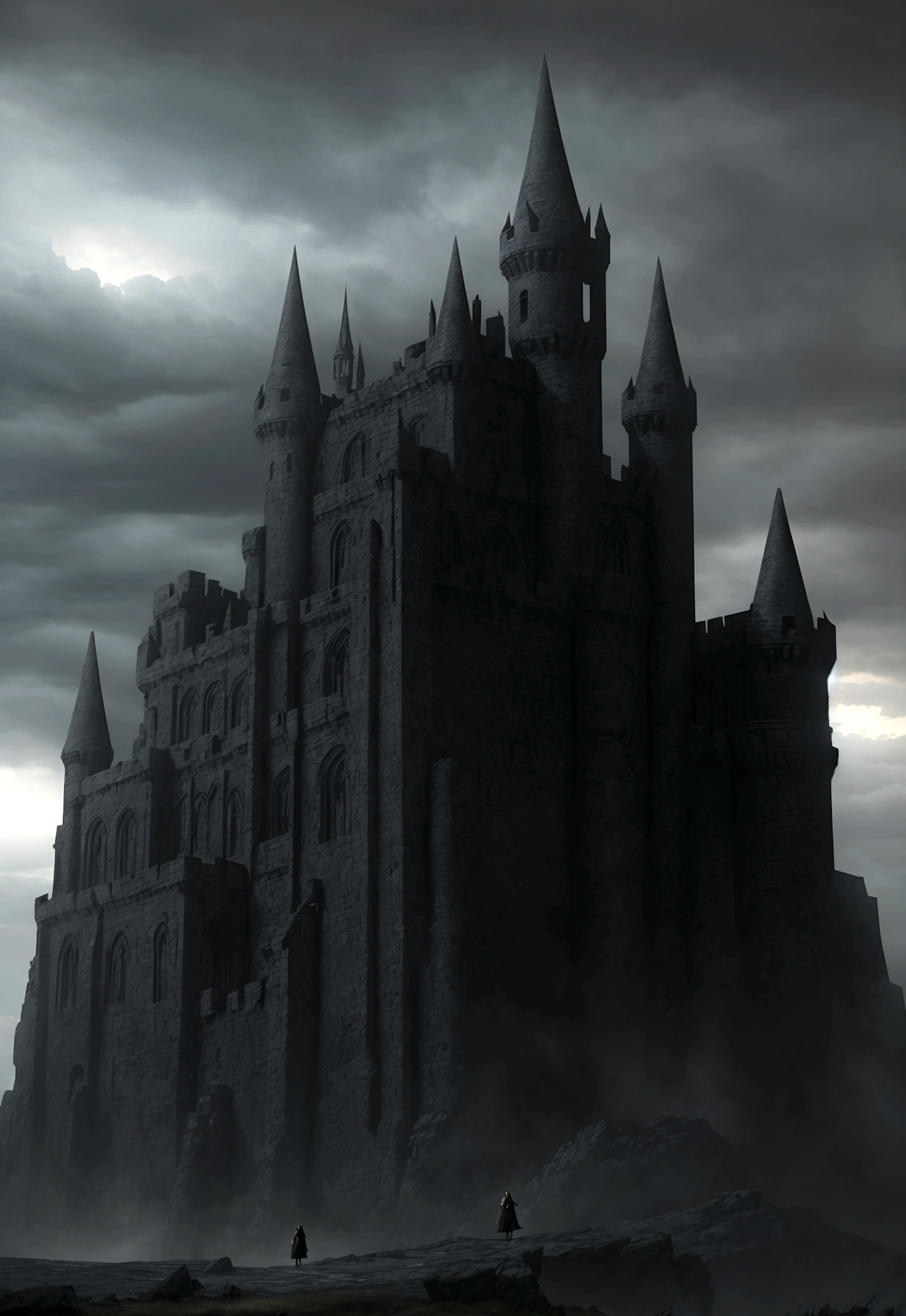 a woman with wide fearful eyes and trembling lips, a man trying to remain calm, imposing dark stone castle, cloudy evening sky, moody dramatic lighting, cinematic composition, hyper-detailed, masterpiece, volumetric lighting, photorealistic, muted color palette, storytelling, epic fantasy, concept art style