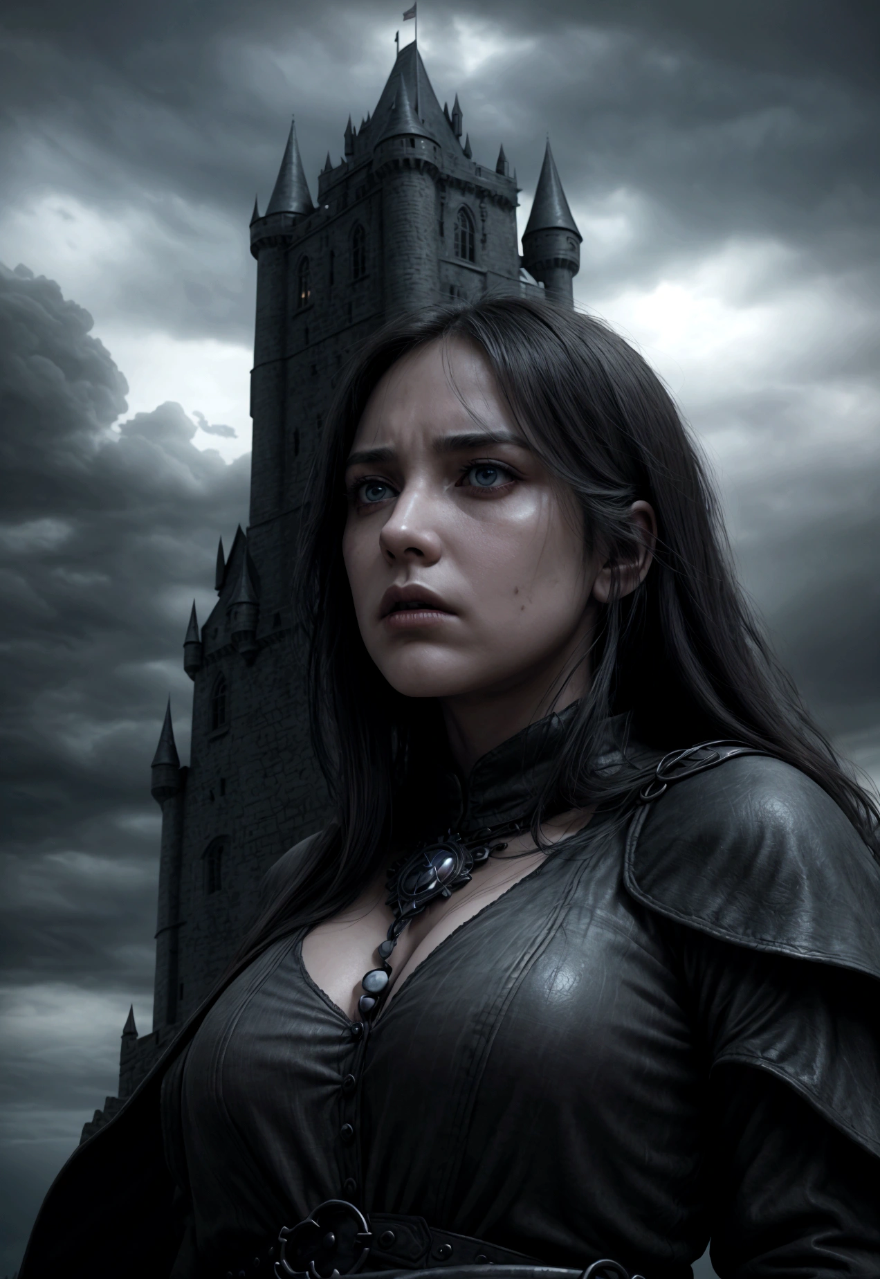 a woman with wide fearful eyes and trembling lips, a man trying to remain calm, imposing dark stone castle, cloudy evening sky, moody dramatic lighting, cinematic composition, hyper-detailed, masterpiece, volumetric lighting, photorealistic, muted color palette, storytelling, epic fantasy, concept art style