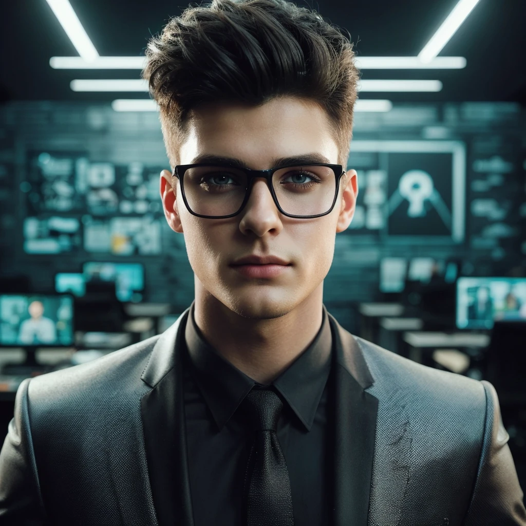A photorealistic handsome 23-year-old man with extraordinary appearance, trendy short black hair, wearing a luxurious business suit, professional makeup, well-highlighted face, resembling a Hollywood actress, hacker office room background with strange lighting, resembles photo Sony 7000D, dramatic lighting, high definition, depth of field