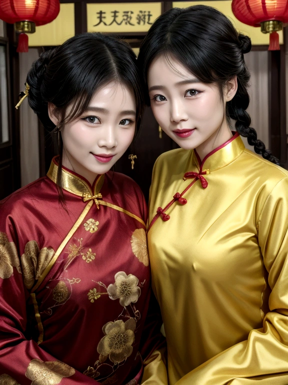 Eyes are very fragile，Double braids with cheongsam，Chinese New Year Decorations（（Smiling artwork）））， （（best quality））， （（Intricate details））， （（Surreal））（8K）add a gold oriental hair pin