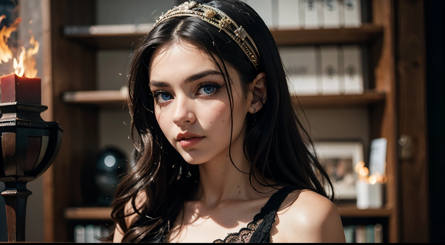 35mm film, solo, makeup, ((blue eyes)), looking at viewer, upper body, epiCPhoto, focus on face, close to viewer, intricate lines, wooden living room, sharp magnificent details, delicate features, elaborate details, beautiful girl, black hair, (((long hair))) 1girl, eighteen year old woman ((upper body)) (Acne), ((fire lighting))