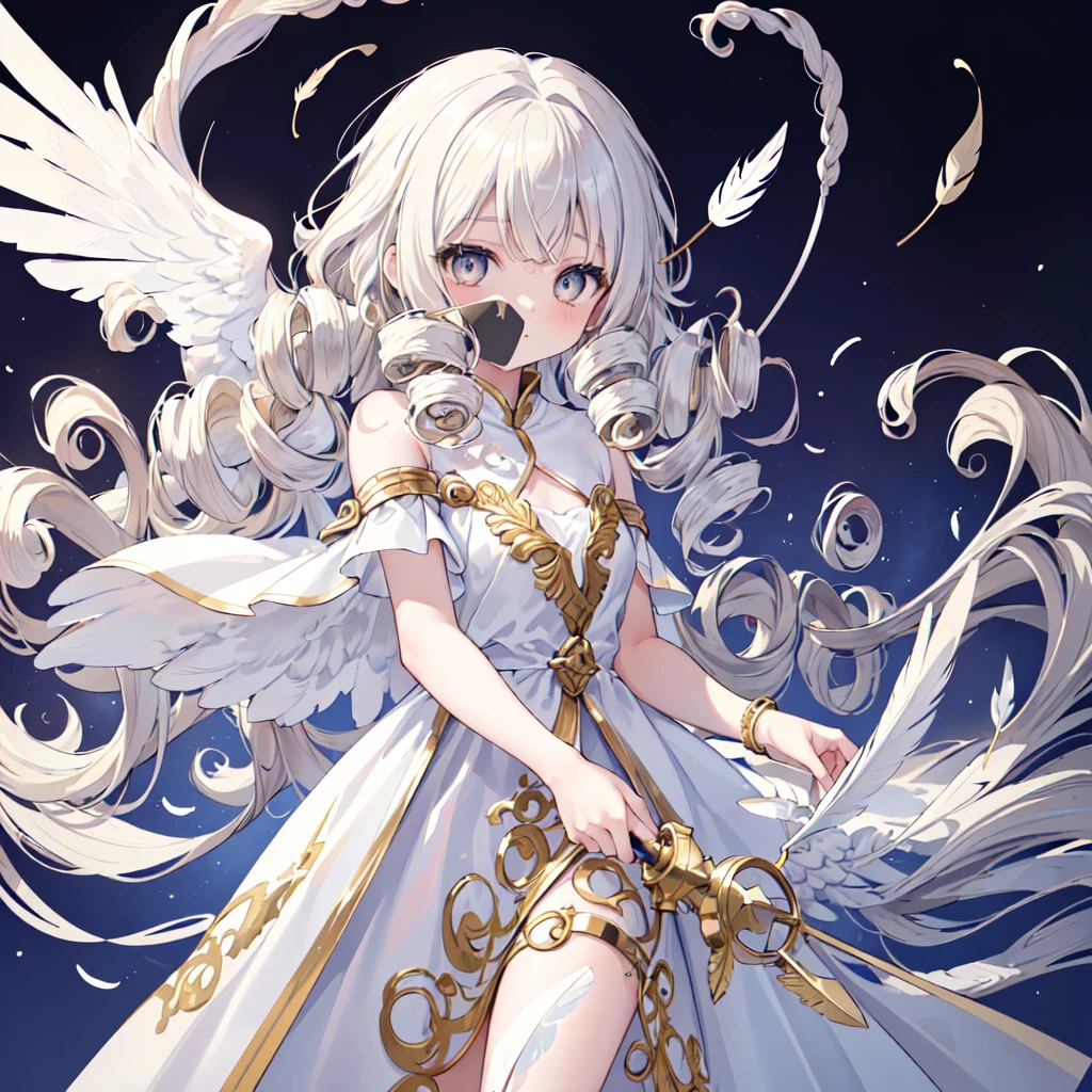 (((masterpiece, high quality))), One girl, Angel Girl, (((wing))), Winter grey eyes, (Gold and white feather), Celestial, Demon Realm Background, (((Two Tone Split Hair Color))), (((Curly Hair))), ((Very long curly hair)), Angel Dress