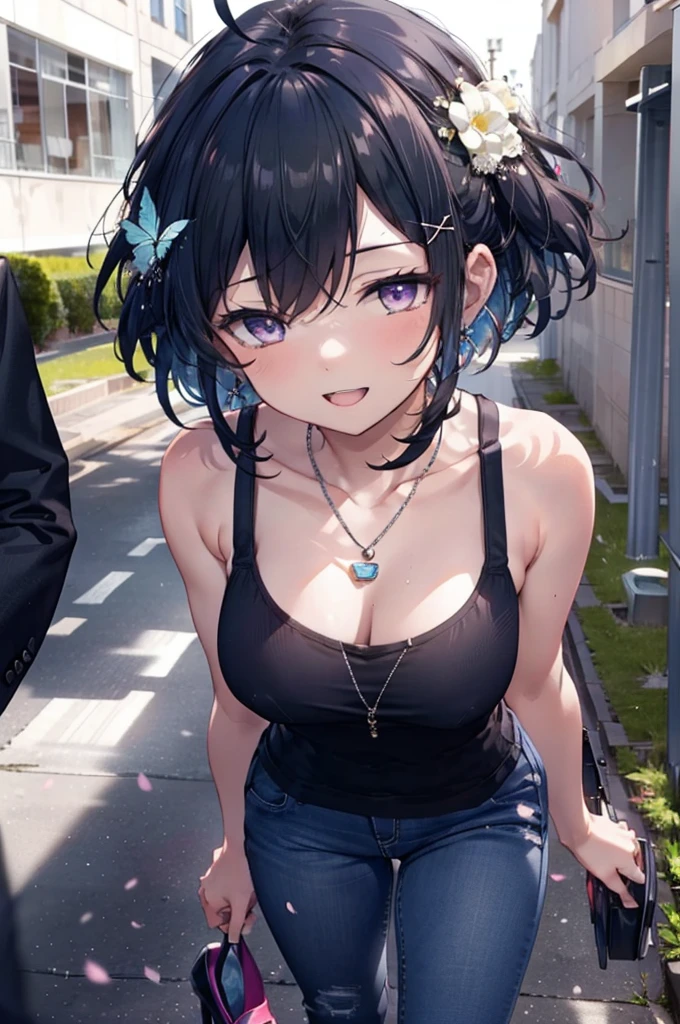 komachihikigaya, komachi hikigaya, short hair, Black Hair, hair ornaments, Ahoge, Hair Clip, x hair ornaments, (Purple eyes:1.1), tooth, happy smile, smile, Open your mouth, black tank top shirt,Locket Necklace,Skinny jeans,Stiletto heels,morning,morning陽,The sun is rising,Walking,whole bodyがイラストに入るように,
break outdoors, School,School building,
break looking at viewer,whole body,
break (masterpiece:1.2), Highest quality, High resolution, unity 8k wallpaper, (figure:0.8), (Beautiful attention to detail:1.6), Highly detailed face, Perfect lighting, Highly detailed CG, (Perfect hands, Perfect Anatomy),