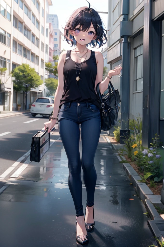 komachihikigaya, komachi hikigaya, short hair, Black Hair, hair ornaments, Ahoge, Hair Clip, x hair ornaments, (Purple eyes:1.1), tooth, happy smile, smile, Open your mouth, black tank top shirt,Locket Necklace,Skinny jeans,Stiletto heels,morning,morning陽,The sun is rising,Walking,whole bodyがイラストに入るように,
break outdoors, School,School building,
break looking at viewer,whole body,
break (masterpiece:1.2), Highest quality, High resolution, unity 8k wallpaper, (figure:0.8), (Beautiful attention to detail:1.6), Highly detailed face, Perfect lighting, Highly detailed CG, (Perfect hands, Perfect Anatomy),