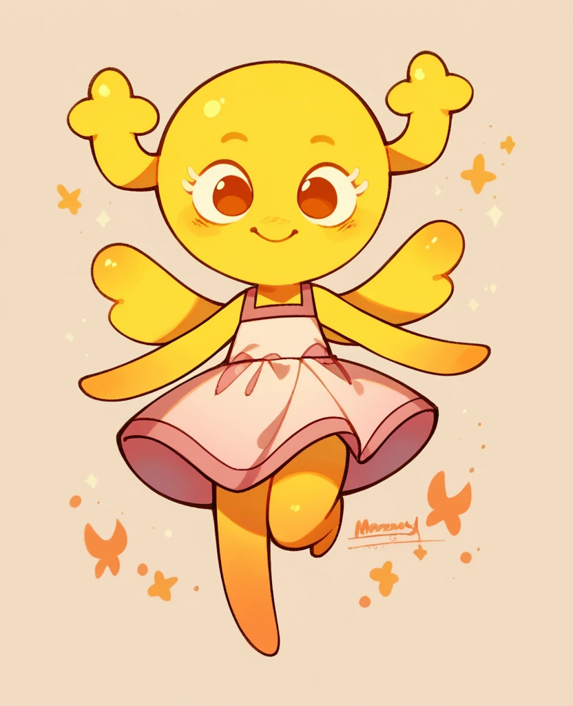 Penny Fitzgerald, penny_unshelled, alone, cute, smiling, yellow body, kid, yellow wings, pink cute dress, full body