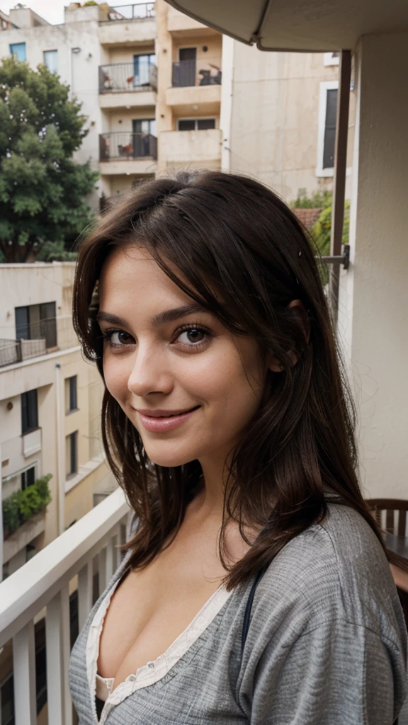Create a dark-eyed brunette woman smiling on a balcony