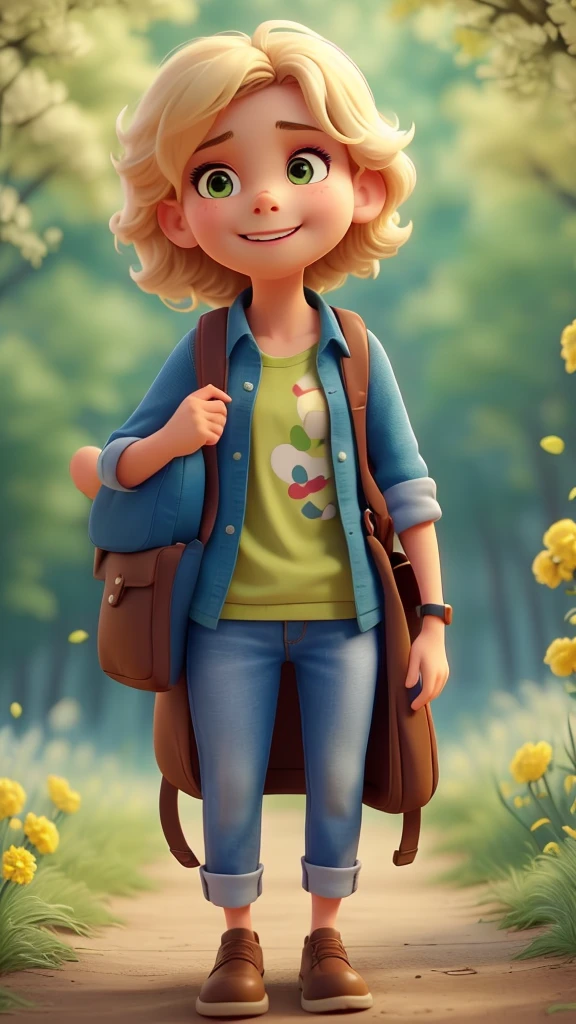 An incredibly charming  carrying a backpack, accompanied by her adorable puppy, enjoying a lovely spring outing surrounded by beautiful yellow flowers and natural scenery. The illustration is in high definition at 4k resolution, with highly-detailed facial features and cartoon-style visuals, (Butterfly Dance)