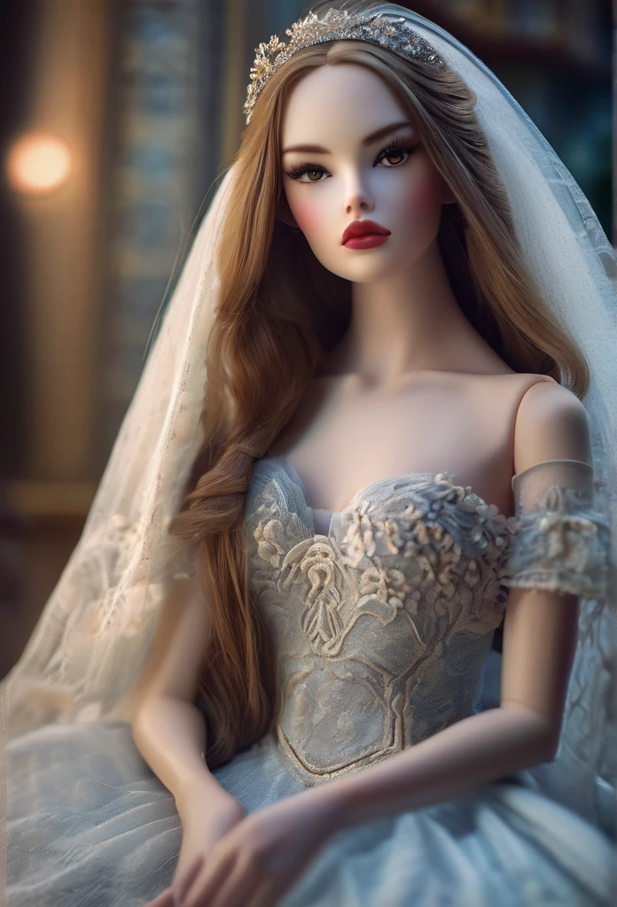 doll, long hair, beautiful detailed eyes, beautiful detailed lips, extremely detailed face, longeyelashes, porcelain skin, elegant pose, intricate dress, cinematic lighting, ethereal atmosphere, soft colors, dreamlike, cinematic, masterpiece, photorealistic, ultra-detailed