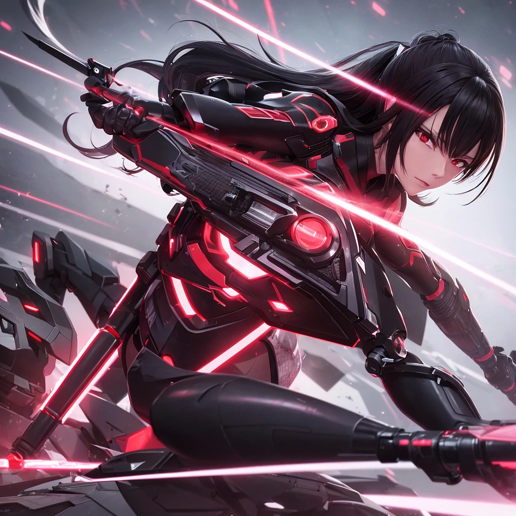 “A detailed illustration of Ayame, a cyborg ninja girl, picking up Honami’s severed right arm. Ayame has black hair tied in a ponytail and is wearing a sleek, modern ninja outfit predominantly black with red accents. Her entire body, except for her face, is metallic and mechanized with visible cybernetic enhancements. Honami, a cyborg ninja girl, is lying on the ground with her right arm severed, showing her brown straight hair with bangs and her modernized ninja outfit predominantly red with metallic accents. The scene is set in a futuristic battlefield with debris and neon lights in the background. The art style is manga-inspired with bold lines and detailed shading.”
Details of the Prompt:
1. Character Appearance:
• Ayame, a cyborg ninja girl
• Black hair tied in a ponytail
• Wearing a sleek, modern ninja outfit predominantly black with red accents
• Entire body, except for face, is metallic and mechanized with visible cybernetic enhancements
• Honami, a cyborg ninja girl
• Brown straight hair with bangs
• Wearing a modernized ninja outfit predominantly red with metallic accents
• Entire body, except for face and chin, is metallic and mechanized with visible red cybernetic enhancements
2. Scene Details:
• Ayame picking up Honami’s severed right arm
• Honami lying on the ground with her right arm severed
3. Background:
• Futuristic battlefield with debris and neon lights
4. Art Style:
• Manga-inspired
• Bold lines and detailed shading