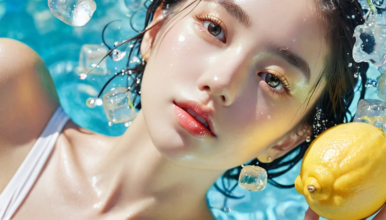 Summer Lemon Girl，Dopamine teenage， Cool summer days，Ice cubes，The watery girl，Delicate skin，Hydration，Shiny，Shiny，dream，Front view，bust，pearl，Lemon fruit