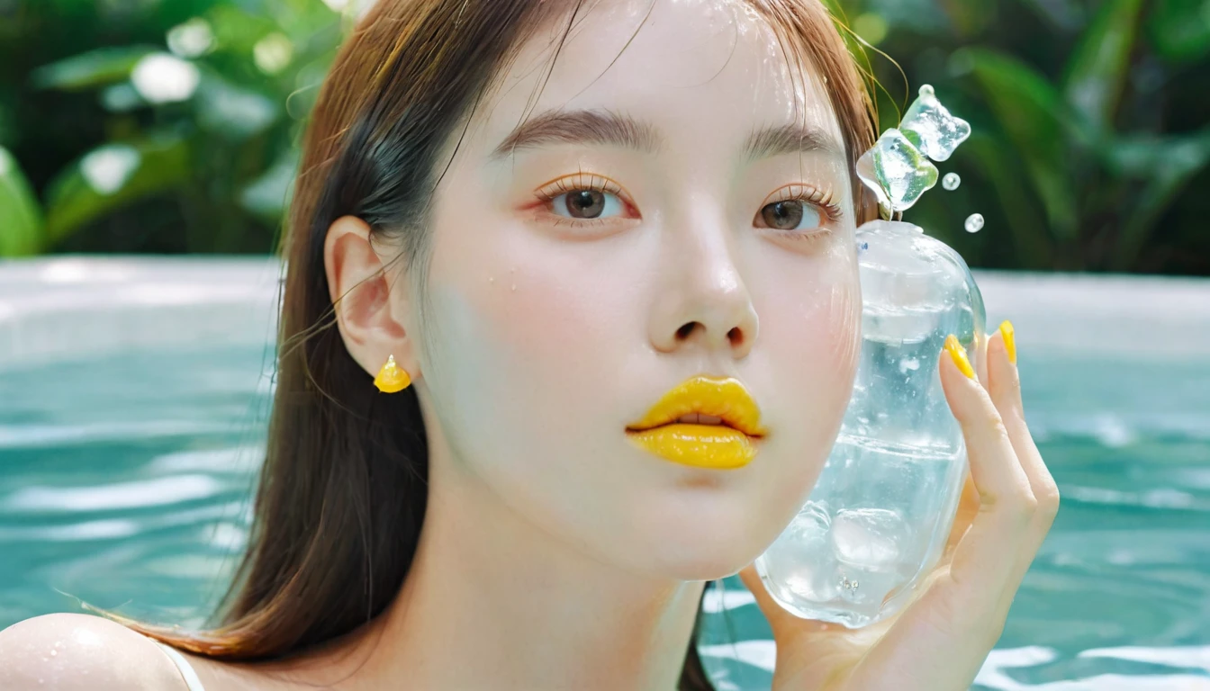 Summer Lemon Girl，Dopamine teenage， Cool summer days，Ice cubes，The watery girl，Delicate skin，Hydration，Shiny，Shiny，dream，Front view，bust，pearl，Lemon fruit
