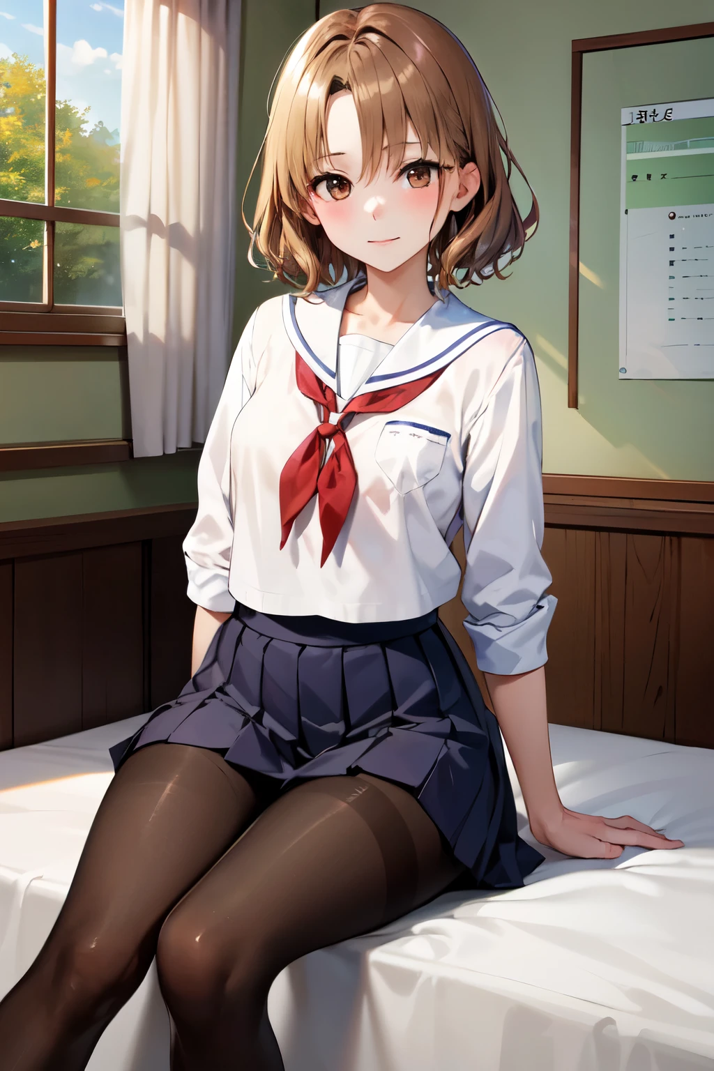 masterpiece, Highest quality, High resolution, One girl, alone, short hair, Brown Hair, Brown eyes, Bedroom、((pantyhose))、(Japanese school uniform)