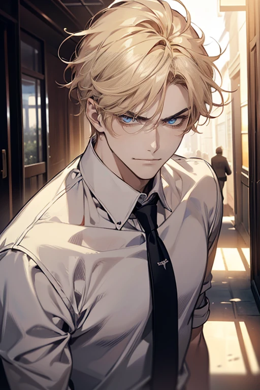 (tmasterpiece, high resolution, ultra - detailed:1.0), (1 boy, Young male, masculine face), Perfect male body, tall and strong, Adult male, Delicate eyes and delicate face, Extremely detailed CG, Unity 8k wallpaper, Complicated details, Detailed face, (blond hair, messy hair, serious faces, white shirts,Bad students), (frown,evil smile:1.3), stad in school corridor, street style, color difference, Depth of field, dramatic shadow, Ray tracing, Best quality, Cinematic lighting, offcial art,Portrait