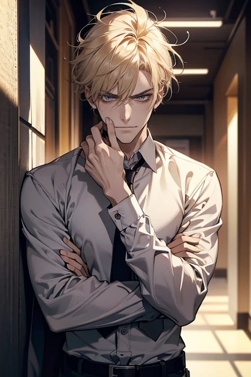 (tmasterpiece, high resolution, ultra - detailed:1.0), (1 boy, Young male, masculine face), Perfect male body, tall and strong, Adult male, Delicate eyes and delicate face, Extremely detailed CG, Unity 8k wallpaper, Complicated details, Detailed face, (blond hair, messy hair, serious faces, white shirts,Bad students), (frown,evil smile:1.3), stad in school corridor, street style, color difference, Depth of field, dramatic shadow, Ray tracing, Best quality, Cinematic lighting, offcial art,Portrait