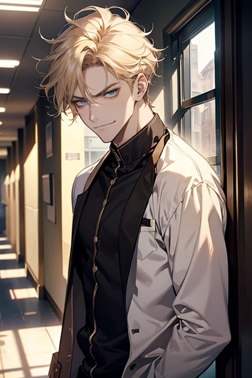 (tmasterpiece, high resolution, ultra - detailed:1.0), (1 boy, Young male, masculine face), Perfect male body, tall and strong, Adult male, Delicate eyes and delicate face, Extremely detailed CG, Unity 8k wallpaper, Complicated details, Detailed face, (blond hair, messy hair, serious faces, white shirts,Bad students), (frown,evil smile:1.3), stad in school corridor, street style, color difference, Depth of field, dramatic shadow, Ray tracing, Best quality, Cinematic lighting, offcial art,Portrait