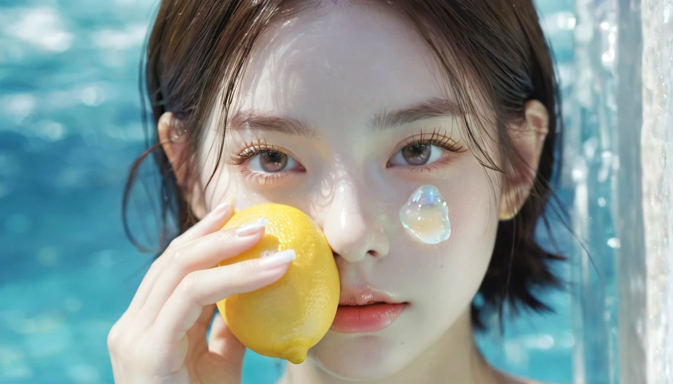 Summer Lemon Girl,Dopamine teenage, Cool summer days,Ice cubes,The watery girl,Delicate skin,Hydration,Shiny,Shiny,dream,Front view,bust,pearl,Lemon fruit