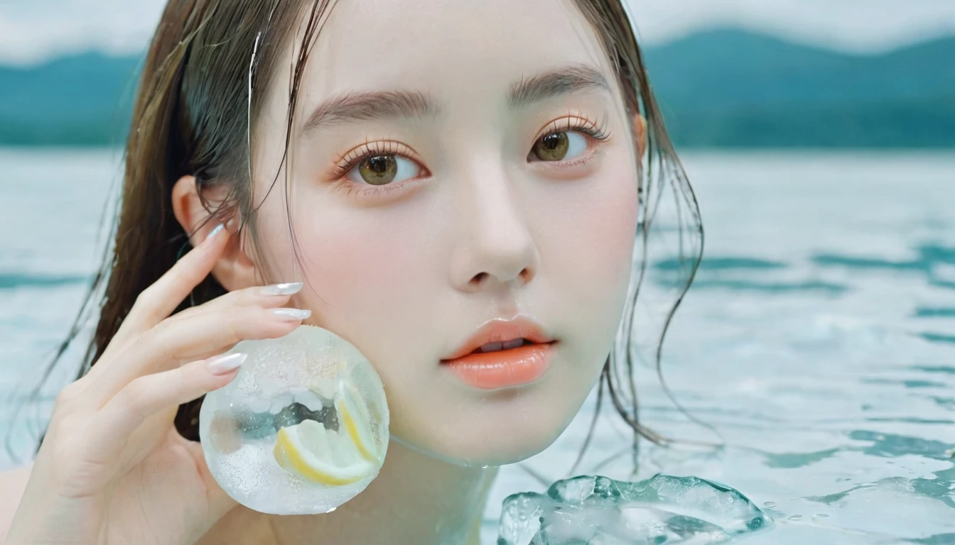 Summer Lemon Girl，Dopamine age， Cool summer days，Ice cubes，The watery girl，Delicate skin，Hydration，Shiny，Shiny，dream，Front view，bust，pearl，Lemon fruit