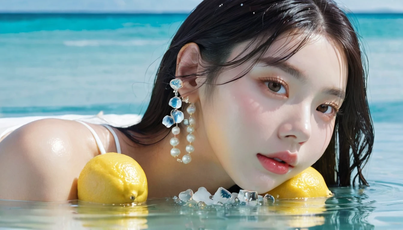 Summer Lemon Girl，Dopamine teenage， Cool summer days，Ice cubes，The watery girl，Delicate skin，Hydration，Shiny，Shiny，dream，Front view，bust，pearl，Lemon fruit