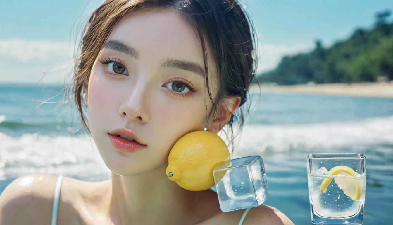 Summer Lemon Girl,Dopamine teenage, Cool summer days,Ice cubes,The watery girl,Delicate skin,Hydration,Shiny,Shiny,dream,Front view,bust,pearl,Lemon fruit