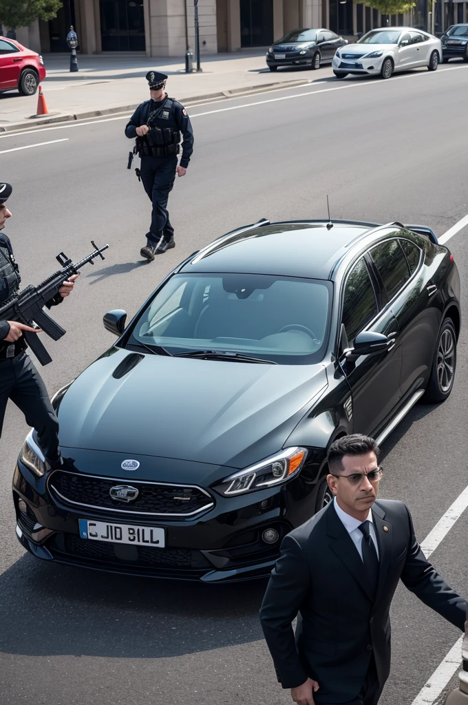 A special agent entering a black car and in front two armed forces police officers both holding rifles
