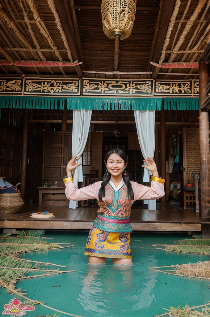 give me a picture with the background of the island of Kalimantan, decorated with typical Kalimantan batik, traditional clothing of each province in Kalimantan, custom home, and leave a space in the middle empty, uses pastel colors and cartoon illustrations