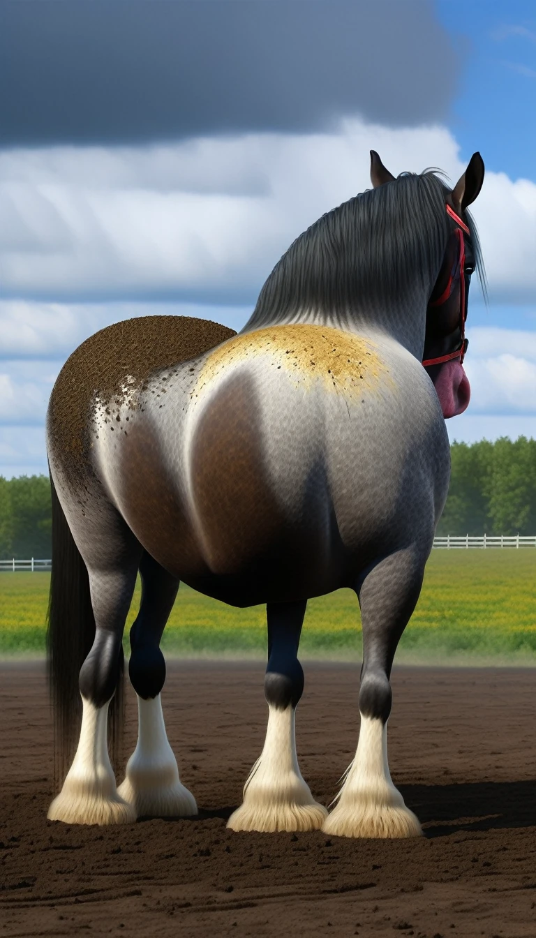 a BBW very full figured very black skinned nude African woman standing by the rear of two big Belgian draft horse mares (side view). big bum. very short tail. horse facing horizon . flat grass meadow. steaming horse dung behind horse. cloudless blue sky., black hair, short ponytail, dilated pupils, smelling horse bum, open mouth, high detail, depth of field, UHD, masterpiece, anatomically correct, accurate, super detail, highres, 16k meadow.  cloudless blue sky. 