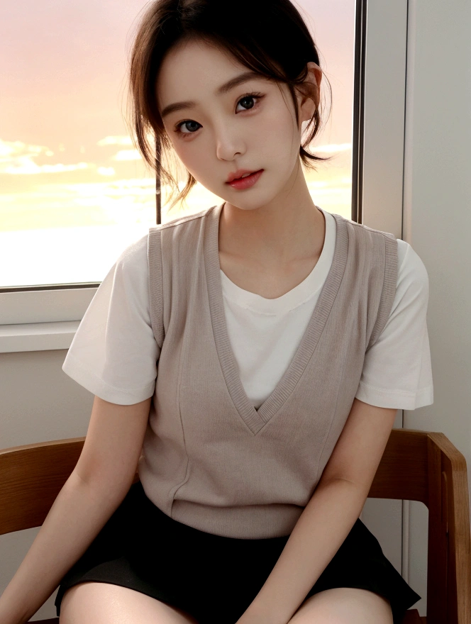 Highest quality、perfection、Beautiful woman、young、、short hair、、Grey vest、White short sleeve shirt、Black Skirt、summer、blush、Biting your lip、Get angry、classroom、Sit on a chair、Sunset、窓からSunsetが見える、Bright atmosphere、cheerful personality、Beautiful scenery、Famous actress、model、Small face、Big round eyes、Small Mouth、Photo of your face、Japanese、Sexy posing