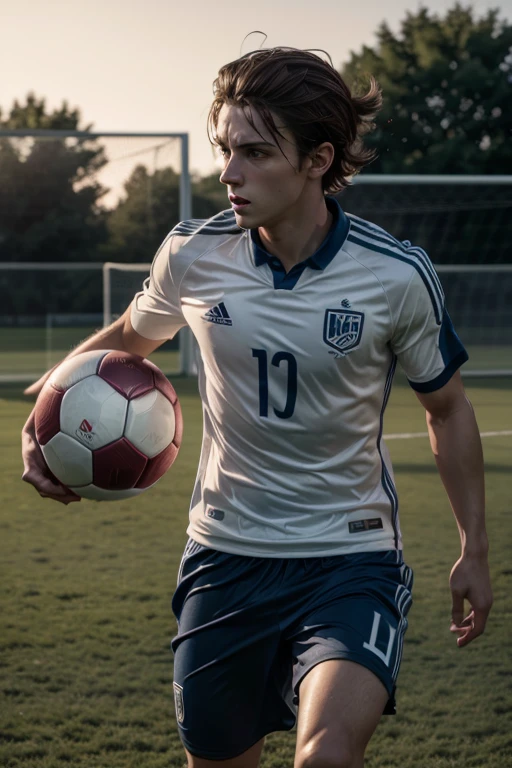 man playing soccer ball with straight brown hair, cinematic lighting, UHD