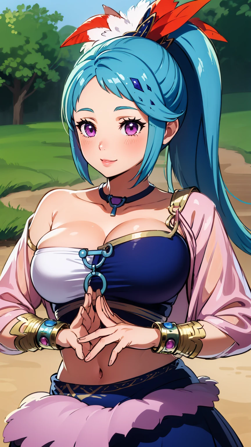 best quality, high resolution, large breasts, blue hair, ponytail, blush, smile, cowboy shot, looking at viewer, Lana, pink lip, in Hyrule castle,