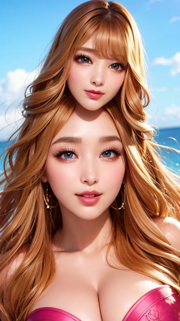 Beauty, Mystical Eyes、Big 、Super sexy、Pale skin、Shiny Hair、Super long hair、Loose and fluffy perm、Close to blonde、Are fat、fat、smile、Heavy makeup、Pink lipstick、Thick lipoisturized lips、Plump、Voluptuous、Indian、spring、Blue sky、White cloud、looking at the camera、Has bangs、Bangs fall on the forehead、Heavy makeup、Heavy makeup、The face is dark、Exotic Face
