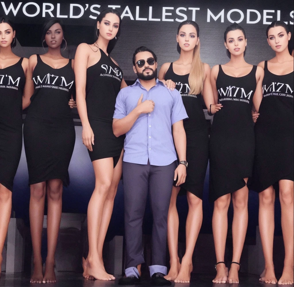 Three tall girls on the lfe left, three tall girls in the right, short man in the middle, the girls are much taller than the man, girls have big  and cleavage, girls are wearing black, man is wearing blue shirt, girls are standing barefoot, man is wearing shoes,