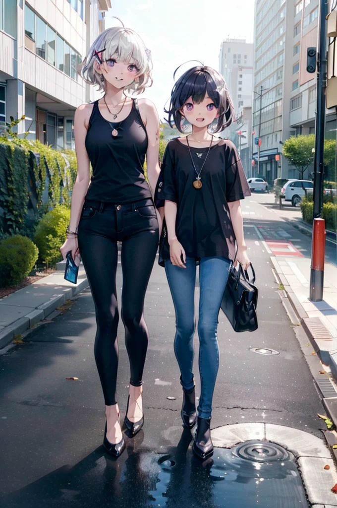 komachihikigaya, komachi hikigaya, short hair, Black Hair, hair ornaments, Ahoge, Hair Clip, x hair ornaments, (Purple eyes:1.1), tooth, happy smile, smile, Open your mouth, black tank top shirt,Locket Necklace,Skinny jeans,Stiletto heels,morning,morning陽,The sun is rising,Walking,whole bodyがイラストに入るように,
break outdoors, School,School building,
break looking at viewer,whole body,
break (masterpiece:1.2), Highest quality, High resolution, unity 8k wallpaper, (figure:0.8), (Beautiful attention to detail:1.6), Highly detailed face, Perfect lighting, Highly detailed CG, (Perfect hands, Perfect Anatomy),