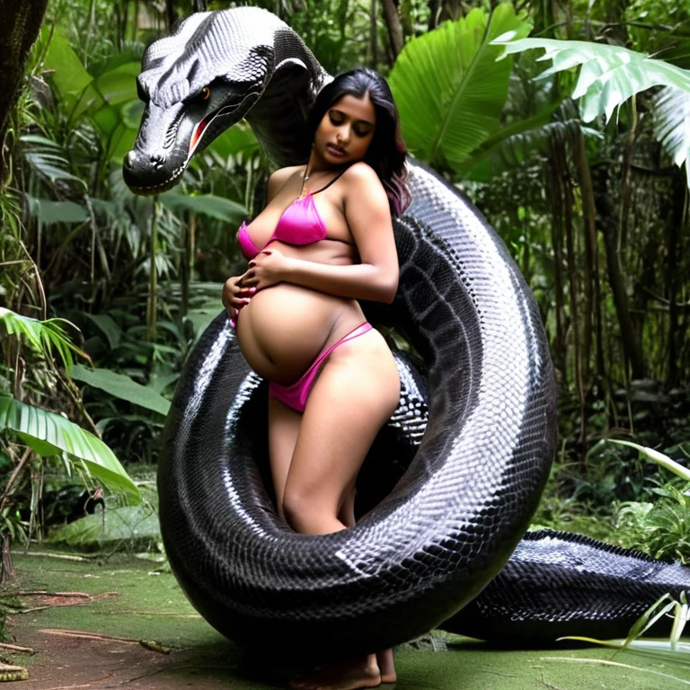 Pregnant Topless pink thong wearing aroused horny beautiful happy young Indian girl vs Giant colossal black anaconda monster wrapped around her body squeezing her in coiled embrace cuddling and kissing sexual erotic bestiality sex realistic in the rainforest full body, best quality wet