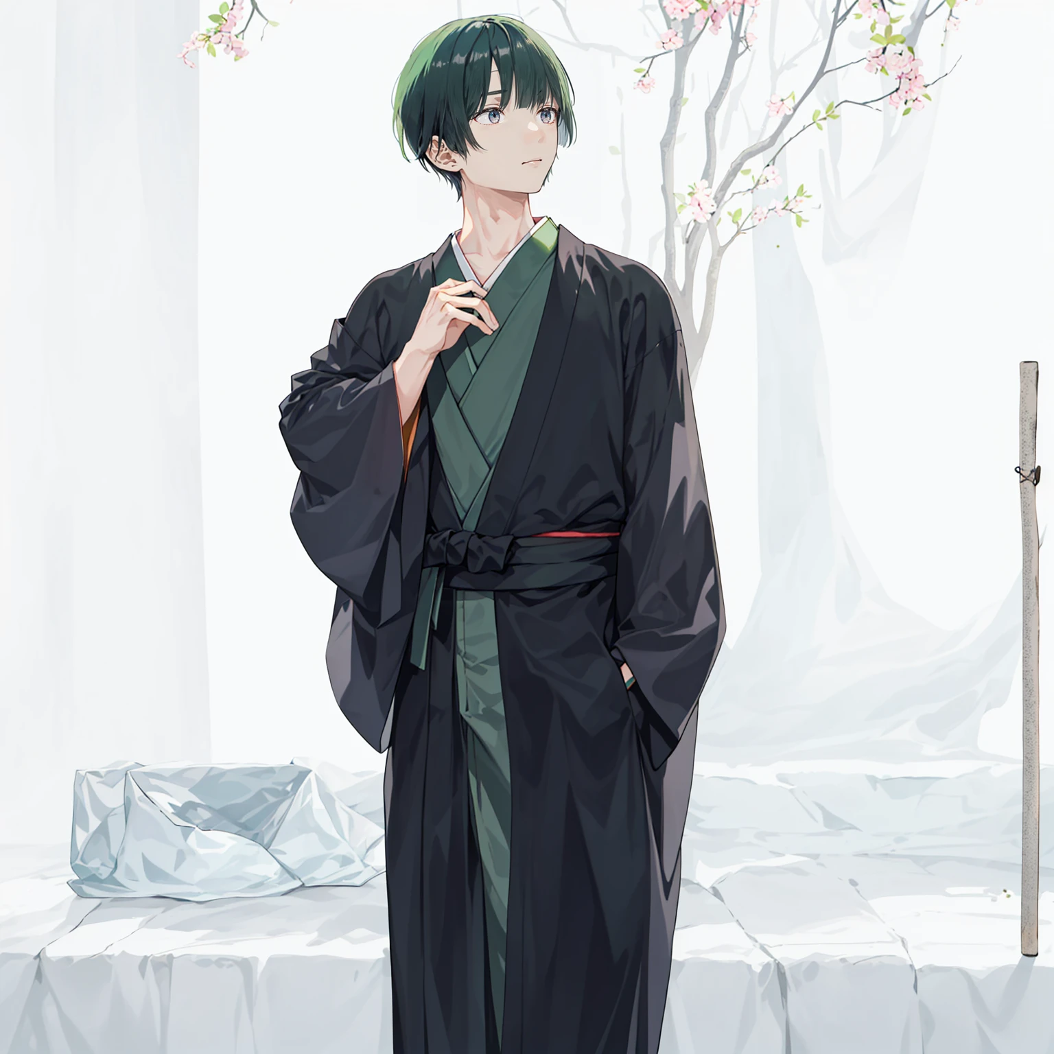 1 boy, 24 years old, full body, blunt bangs, bob cut, dark green hair, ((transparent background)),(solo),standing,{{{{Japanese monk}}}}},(wearing shoes on feet),{{wearing an article of clothing in the same manner as a kasaya}}},{{glaze}},{{Hair shine}},((is wearing Japanese Monk’s Clothing)),good young man, beautiful detailed eyes,gray eyes,black hair,good looking,((an extremely delicate and beautiful)),make the eyes the same shape and color on both sides, seiza, from front,