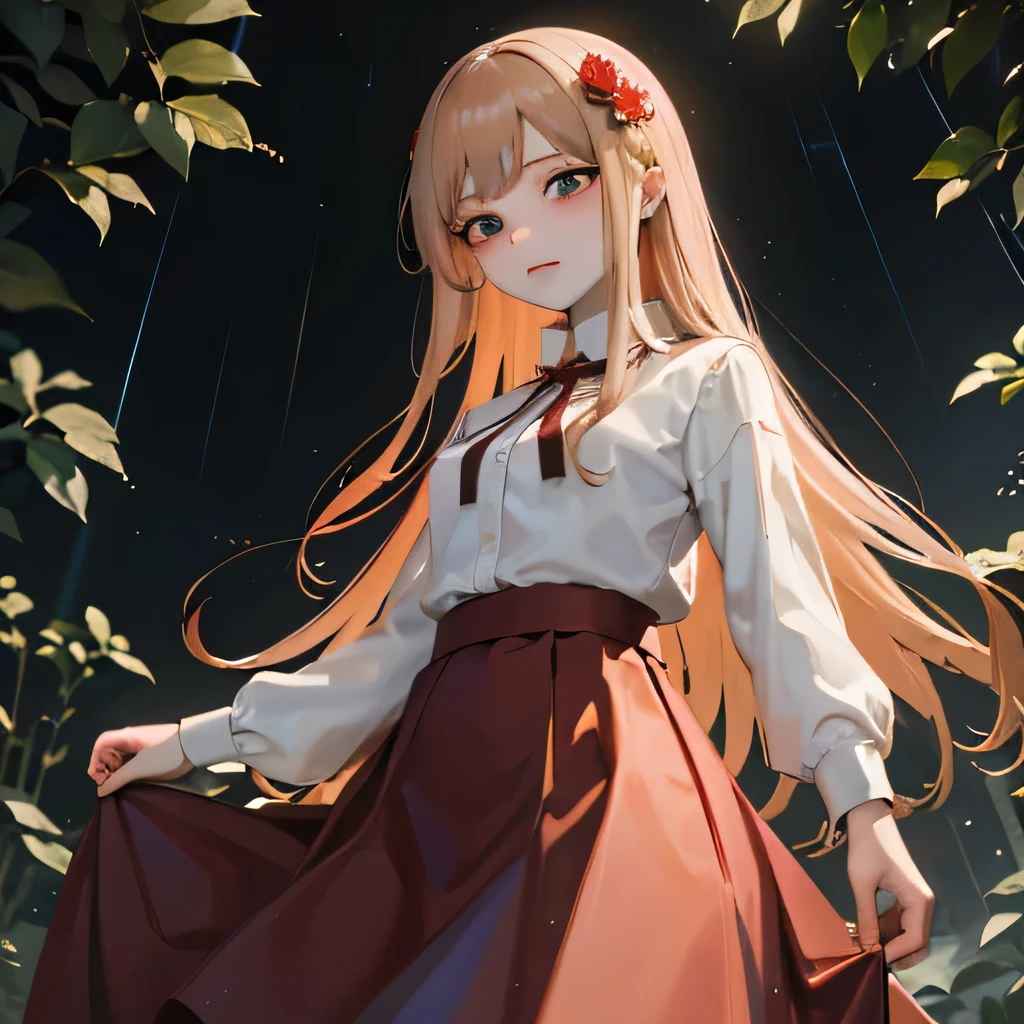 masterpiece, Highest quality, 8k wallpaper, Very detailed, A girl , Golden Hair, Long Hair, fine grain、(Red Skirt)、 White dress shirt,(A single large red flower hair ornament),dark、Light blue eyes、Expressionless、Shooting from below、Dark Taste、Rain is pouring、In the woods、Sheltering from the Rain、Lifting a long skirt