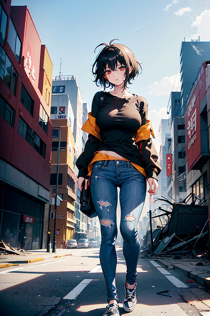 ((1 GIRL)) ((2d anime girl)), ((Japanese)) (( physically mature female)) ((large breasts)), 25-year-old, ((2d anime girl)), ((short dark-haired)), ((windswept hair)) ((ultra high quality))((flawless))((4k UHD)) ((Best Quality)) ((Daytime)) ((eyes glowing red )), wearing a ((black long sleeve shoulderless, blank T-shirt))((no logo)) wearing ((blue jeans)) and black and yellow sneakers with (((blood splattered))) on it and her face, standing in the street ((facing toward the camera)) in a ((ruined city)) filled with ((heavily damaged)) and worn (( tall skyscrapers with gaping holes in their structures while on fire)) and ((crushed vehicles on fire)) and small and ((raging fires all around)) and an expressionless look on her face, with a giant monster kaiju-beast in the distance looking furocious.
