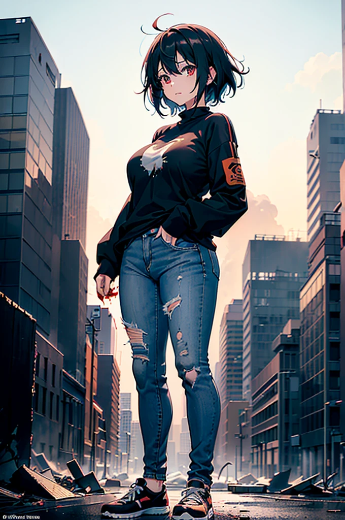 ((1 GIRL)) ((2d anime girl)), ((Japanese)) (( physically mature female)) ((large breasts)), 25-year-old, ((2d anime girl)), ((short dark-haired)), ((windswept hair)) ((ultra high quality))((flawless))((4k UHD)) ((Best Quality)) ((Daytime)) ((eyes glowing red )), wearing a ((black long sleeve shoulderless, blank T-shirt))((no logo)) wearing ((blue jeans)) and black and yellow sneakers with (((blood splattered))) on it and her face, standing in the street ((facing toward the camera)) in a ((ruined city)) filled with ((heavily damaged)) and worn (( tall skyscrapers with gaping holes in their structures while on fire)) and ((crushed vehicles on fire)) and small and ((raging fires all around)) and an expressionless look on her face, with a giant monster kaiju-beast in the distance looking furocious.