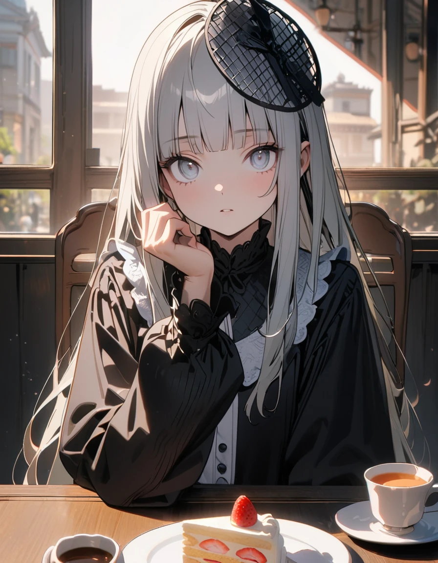 (8K, best quality, master piece: 1.2), super high resolution,1 girl,独奏,16yo,ultra-detailed face,detailed eyes,silver eyes,blunt bangs,silver hair,Straight Hair,Long Hair,pale skin,long sleeve petal collar blouse,black Fascinator,Tiered skirt,expressionless,parted lips,Rim Light,Sitting in a chair,A cake and a cup of tea on the table,cafe