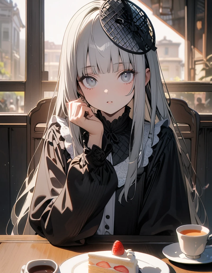 (8K, best quality, master piece: 1.2), super high resolution,1 girl,独奏,16yo,ultra-detailed face,detailed eyes,silver eyes,blunt bangs,silver hair,Straight Hair,Long Hair,pale skin,long sleeve petal collar blouse,black Fascinator,Tiered skirt,expressionless,parted lips,Rim Light,Sitting in a chair,A cake and a cup of tea on the table,cafe