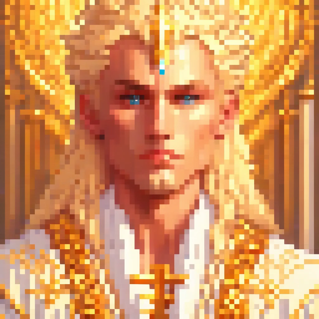 a stunning beautiful blonde man, detailed eyes, beautiful detailed lips, extremely detailed face and features, long eyelashes, radiant healing powers, holy white robes, soft glowing light, intricate pixel art style, highly detailed, masterpiece, 8k, photorealistic, portrait, fantasy, magical, ethereal, cinematic lighting, dramatic contrast, vivid colors, digital painting