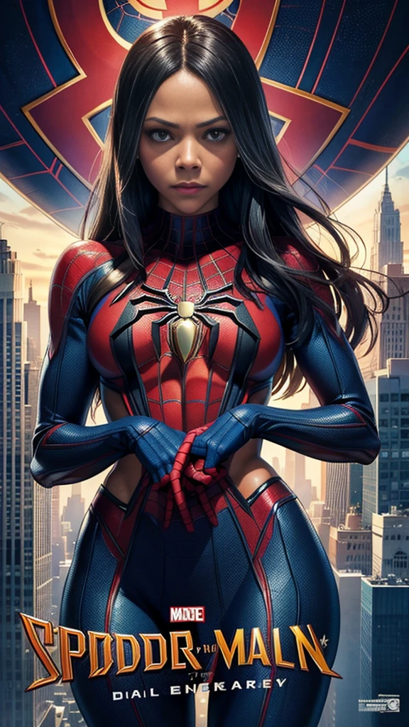 Zoe Saldana、マーベルコミックの映画Poster、so beautiful、Movies about Spider-Man、sexy、whole body、Wearing a skirt、Premiere Date、Poster、belly buttonを突き出す、new york、She's wearing a ripped Spiderman suit、The suit is torn、Wearing a skirt、Red and black color scheme、dynamic、masterpiece、Highest quality、Super detailed、Very detailed、Delicate and beautiful shine、Ultra-high resolution、Cinematic、break、breakドロップ、(Torn clothes:1.5)、(Wet clothes:1.4)、Bare shoulders、Real Rain、Wet Hair、belly button、Exposed Skin、sexyな肩を披露