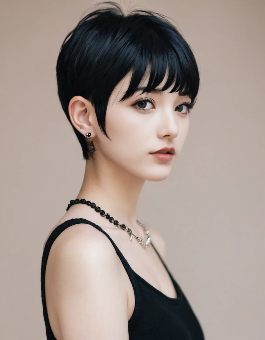 Short hair, marked jaw and black hair with piercings 