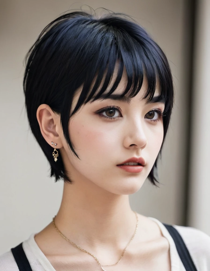 Short hair, marked jaw and black hair with piercings 