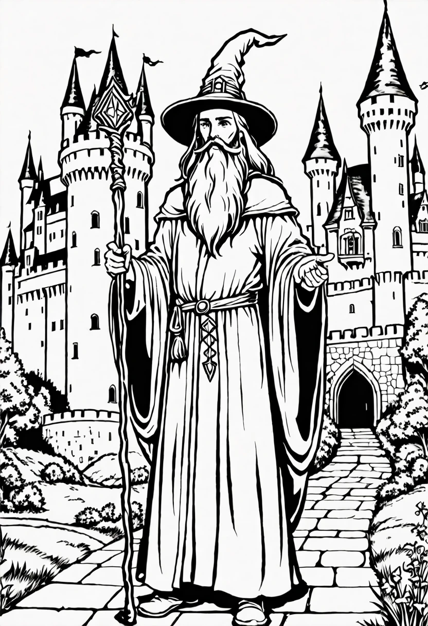wizard holding a staff, with a long hat and long beard and long robe, in front a castle . black and white, contrast, detailed , illustration, coloring book