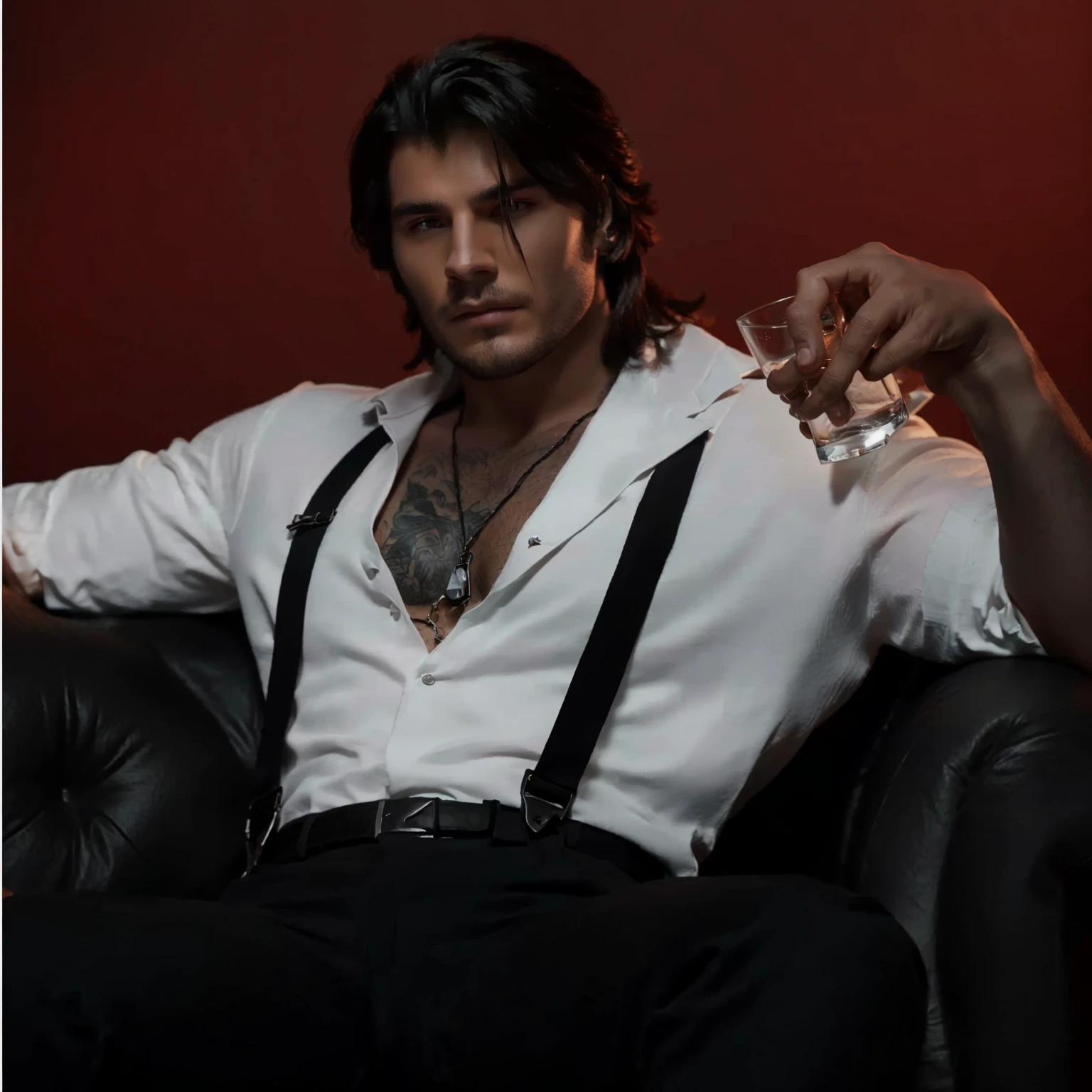 a black and white photo of a man sitting on a couch holding a glass, handsome guy in demon slayer art, sylas, handsome male vampire, epic and classy portrait, male vampire, commission for high res, jesse mccree, jacen solo, male art, artstation mans aesthetic, style of charlie bowater, as a character in tekken, neo noir style, hair of the Miguel O´hara
