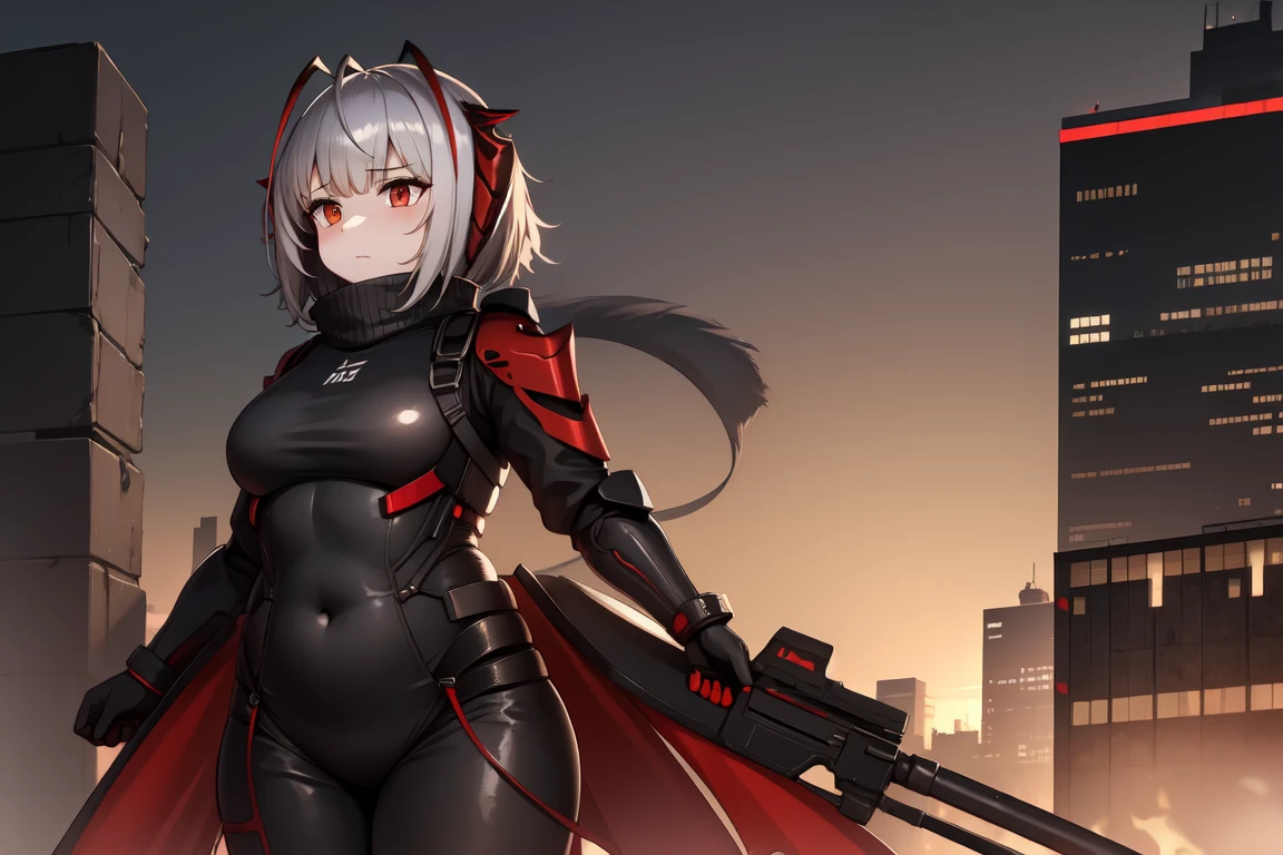 1girl, w_arknights, black bodysuit with red parts, city ruins, hi-tech armor pieces, mature