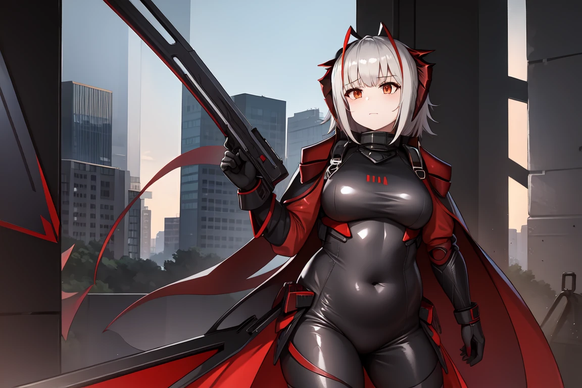 1girl, w_arknights, black bodysuit with red parts, city ruins, hi-tech armor pieces, mature