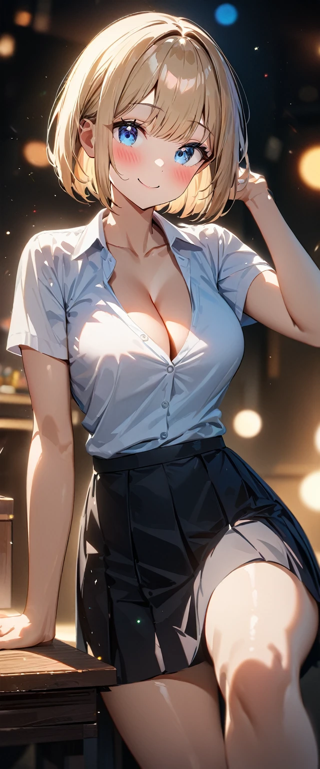 (((One girl))), blond hair, bob cut, (cowboy shot), (looking at viewer), face in focus, breasts, teenager, head tilt:1.3, (((blue eye))), ((happy smile)), ((blush)), school summer uniform, white shirts black skirt, ((cleavage)), anime style, (best quality, 4k, 8k, highres, masterpiece:1.2, ultra-detailed, ultra-detailed eyes, HDR, UHD, studio lighting, ultra-fine painting, sharp focus, physically-based rendering, extreme detail description, professional, vivid colors, bokeh)
